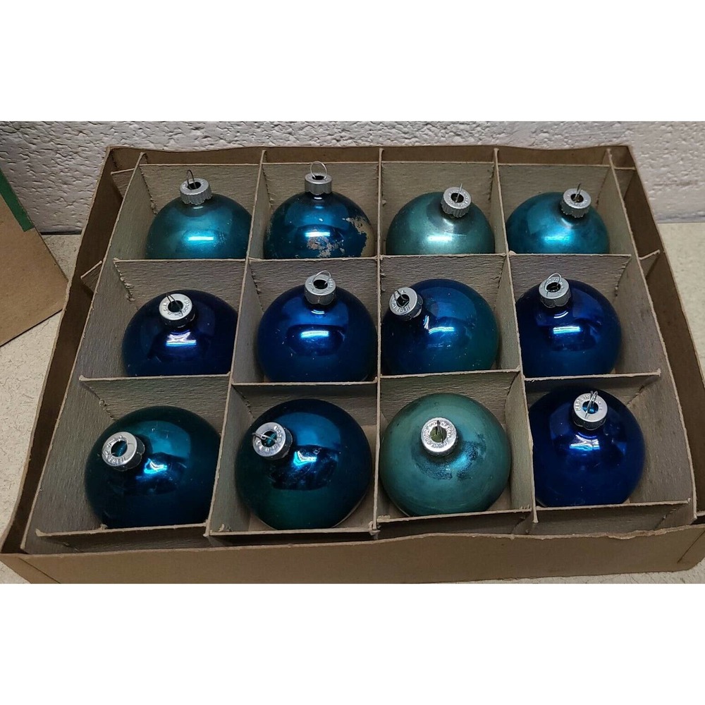 Vintage Shiny Brite Ornaments Blue Green - Christmas Deco - 12 w Box and Hangers